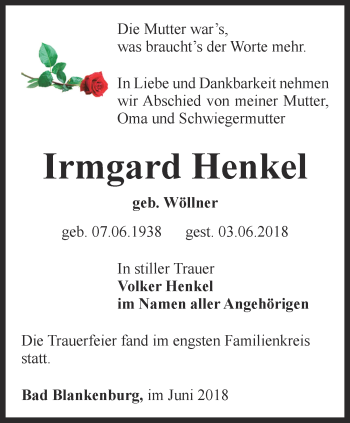 Traueranzeige von Irmgard Henkel von Ostthüringer Zeitung