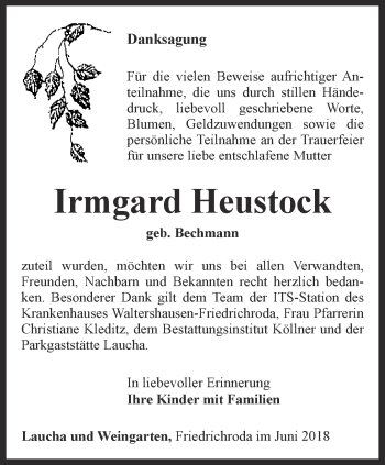 Traueranzeige von Irmgard Heustock von Ostthüringer Zeitung, Thüringische Landeszeitung