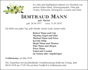 Traueranzeige von Irmtraud Mann von Thüringer Allgemeine, Thüringische Landeszeitung