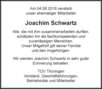 Traueranzeige von Joachim Schwanz von Thüringer Allgemeine, Thüringische Landeszeitung