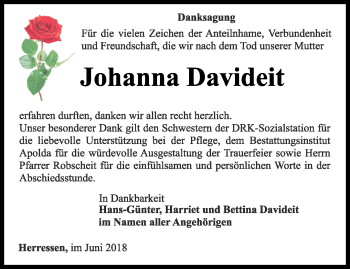 Traueranzeige von Johanna Davideit von Thüringer Allgemeine, Thüringische Landeszeitung