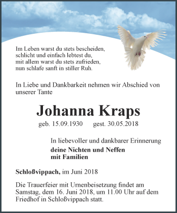 Traueranzeige von Johanna Kraps von Thüringer Allgemeine