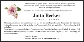 Traueranzeige von Jutta Becker von Thüringer Allgemeine, Thüringische Landeszeitung
