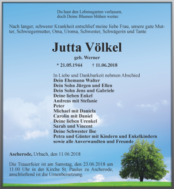 Traueranzeige von Jutta Völkel von Thüringer Allgemeine