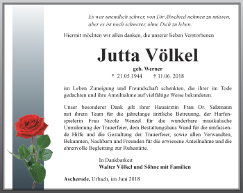Traueranzeige von Jutta Völkel von Thüringer Allgemeine