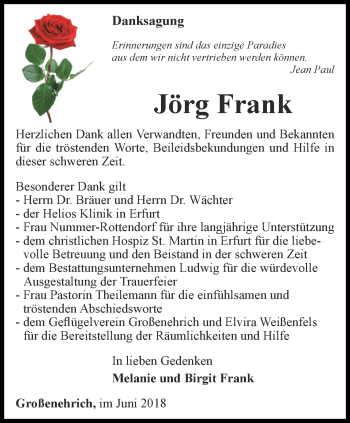 Traueranzeige von Jörg Frank von Thüringer Allgemeine