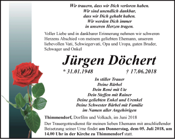 Traueranzeige von Jürgen Döchert von Ostthüringer Zeitung