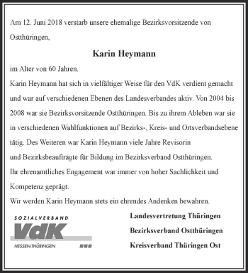 Traueranzeige von Karin Heymann von Ostthüringer Zeitung