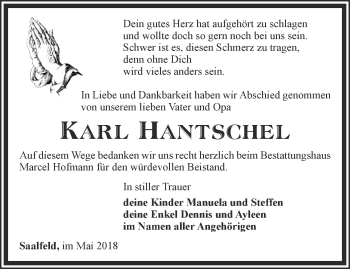 Traueranzeige von Karl Hantschel von Ostthüringer Zeitung