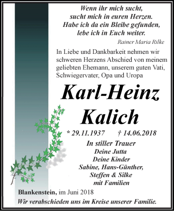 Traueranzeige von Karl-Heinz Kalich von Ostthüringer Zeitung