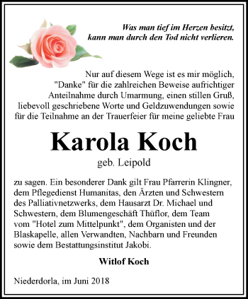 Traueranzeige von Karola Koch von Thüringer Allgemeine, Thüringische Landeszeitung