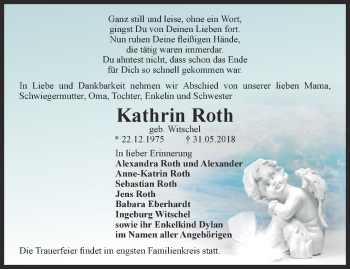 Traueranzeige von Kathrin Roth von Thüringer Allgemeine, Thüringische Landeszeitung