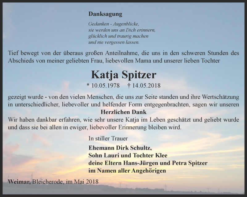  Traueranzeige für Katja Spitzer vom 09.06.2018 aus Thüringer Allgemeine