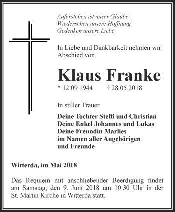 Traueranzeige von Klaus Franke von Thüringer Allgemeine, Thüringische Landeszeitung