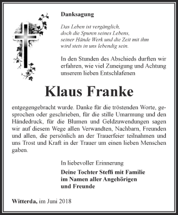 Traueranzeige von Klaus Franke von Thüringer Allgemeine, Thüringische Landeszeitung