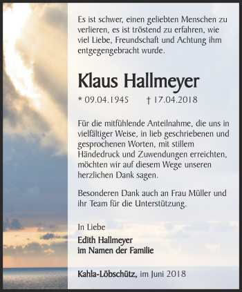 Traueranzeige von Klaus Hallmeyer von Ostthüringer Zeitung, Thüringische Landeszeitung