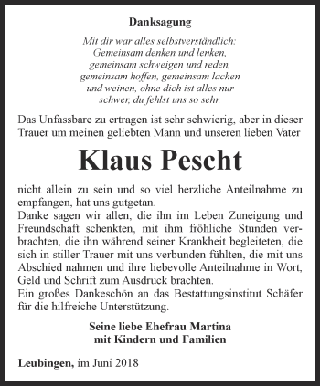 Traueranzeige von Klaus Pescht von Thüringer Allgemeine