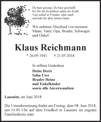 Traueranzeige von Klaus Reichmann