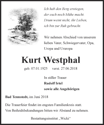 Traueranzeige von Kurt Westphal von Thüringer Allgemeine, Thüringische Landeszeitung