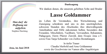 Traueranzeige von Lasse Goldammer von Ostthüringer Zeitung, Thüringische Landeszeitung