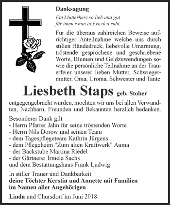 Traueranzeige von Liesbeth Staps von Ostthüringer Zeitung