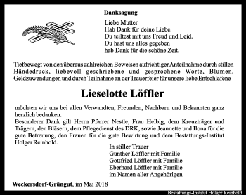 Traueranzeige von Lieselotte Löffler von Ostthüringer Zeitung