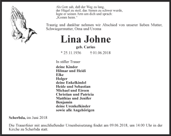 Traueranzeige von Lina Johne von Thüringer Allgemeine, Thüringische Landeszeitung