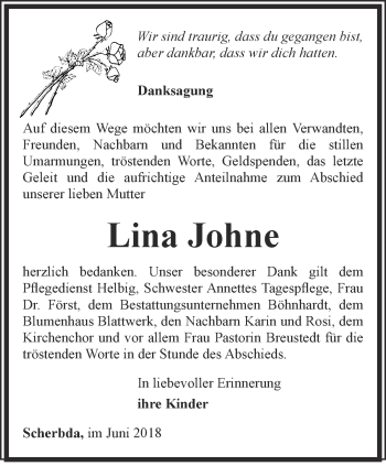 Traueranzeige von Lina Johne von Thüringer Allgemeine, Thüringische Landeszeitung