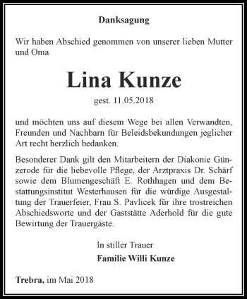 Traueranzeige von Lina Kunze von Thüringer Allgemeine