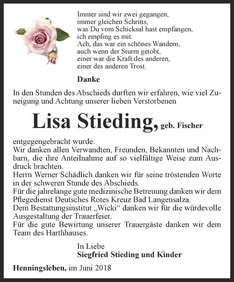  Traueranzeige für Lisa Stieding vom 23.06.2018 aus Thüringer Allgemeine, Thüringische Landeszeitung