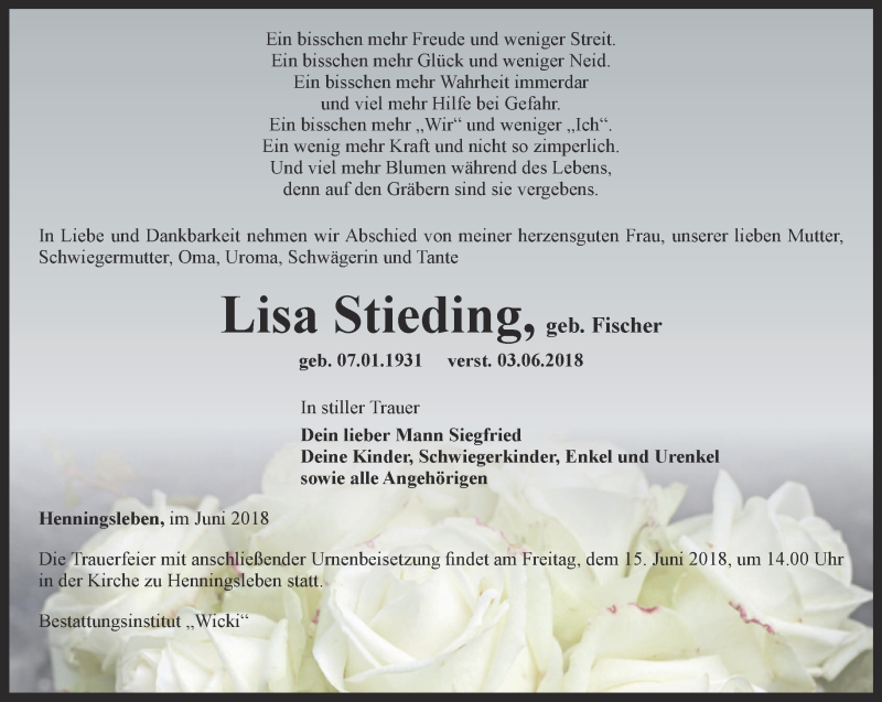  Traueranzeige für Lisa Stieding vom 09.06.2018 aus Thüringer Allgemeine, Thüringische Landeszeitung