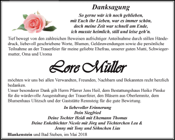 Traueranzeige von Lore Müller von Ostthüringer Zeitung