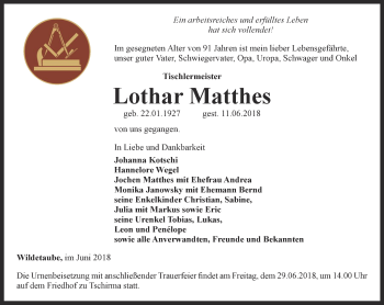 Traueranzeige von Lothar Matthes  von Ostthüringer Zeitung