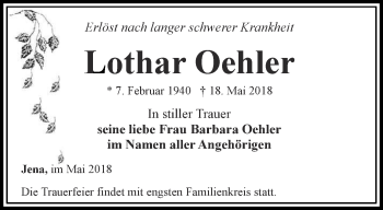 Traueranzeige von Lothar Oehler von Ostthüringer Zeitung, Thüringische Landeszeitung