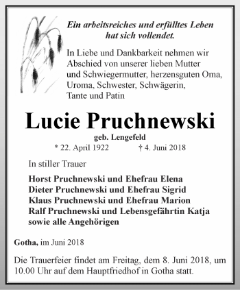 Traueranzeige von Lucie Pruchnewski von Ostthüringer Zeitung, Thüringische Landeszeitung