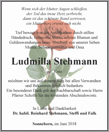 Traueranzeige von Ludmilla Stehmann von Ostthüringer Zeitung, Thüringische Landeszeitung