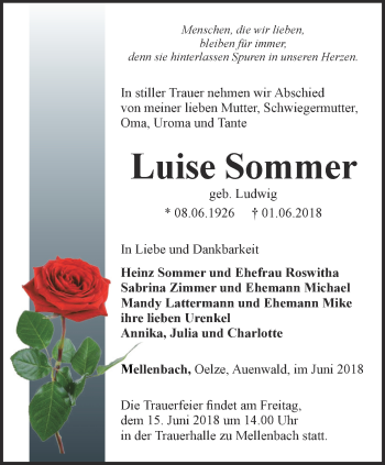 Traueranzeige von Luise Sommer von Ostthüringer Zeitung