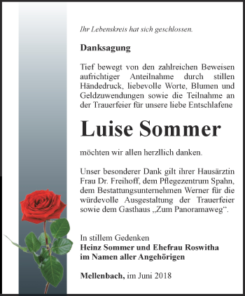 Traueranzeige von Luise Sommer von Ostthüringer Zeitung