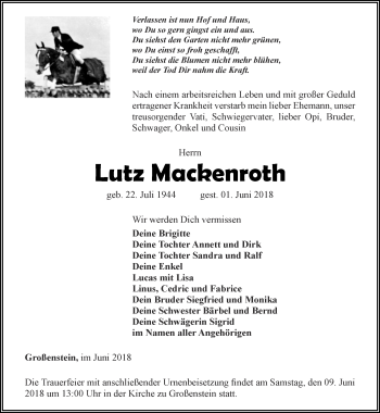 Traueranzeige von Lutz Mackenroth von Ostthüringer Zeitung