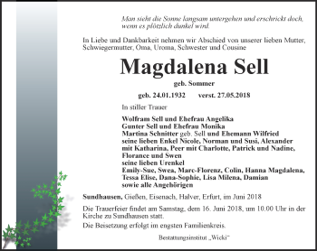 Traueranzeige von Magadalena Sell von Thüringer Allgemeine, Thüringische Landeszeitung