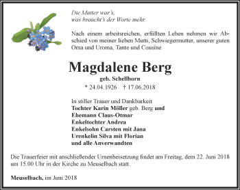 Traueranzeige von Magdalene Berg von Ostthüringer Zeitung