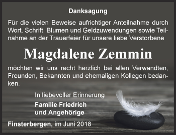 Traueranzeige von Magdalene Zemmin von Ostthüringer Zeitung, Thüringische Landeszeitung