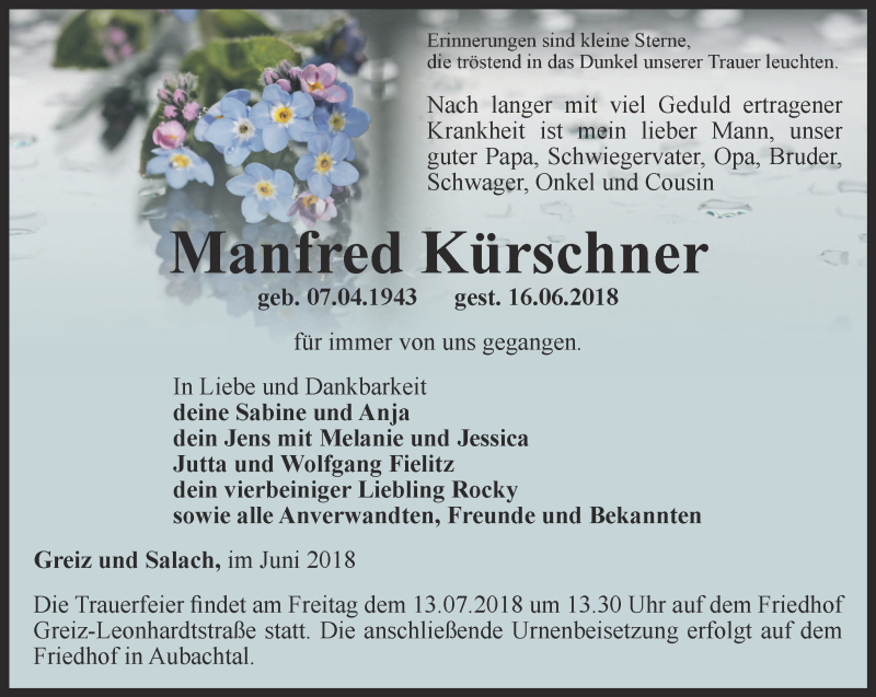  Traueranzeige für Manfred Kürschner vom 21.06.2018 aus Ostthüringer Zeitung