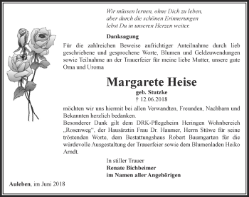 Traueranzeige von Margarete Heise von Thüringer Allgemeine