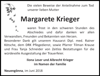 Traueranzeige von Margarete Krieger von Ostthüringer Zeitung, Thüringische Landeszeitung