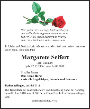 Traueranzeige von Margarete Seifert von Thüringer Allgemeine, Thüringische Landeszeitung