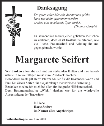Traueranzeige von Margarete Seifert von Thüringer Allgemeine, Thüringische Landeszeitung