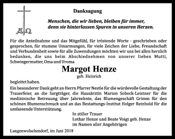 Traueranzeige von Margot Henze von Ostthüringer Zeitung