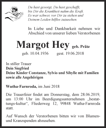 Traueranzeige von Margot Hey von Thüringer Allgemeine, Thüringische Landeszeitung