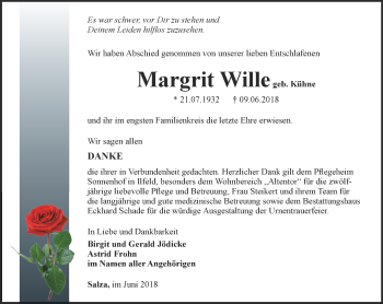 Traueranzeige von Margrit Wille  von Thüringer Allgemeine